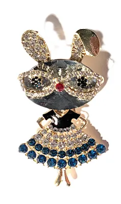 **NEW ARRIVAL** Interesting "BIG GLASSES BUNNY" BROOCH (2½" x 1¼") with Blue & Clear Stones Dress, Red...