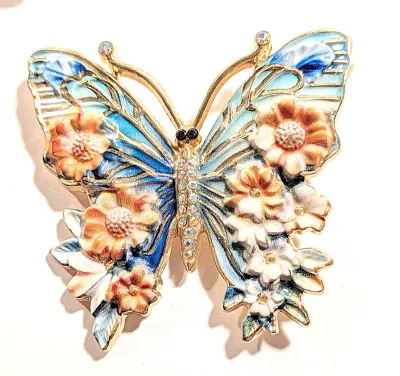 **NEW ARRIVAL** Ceramic ORANGE & WHITE BUTTERFLY BROOCH (2¼" x 2") with Blue Wings and Orange and White Flowers, Clear...