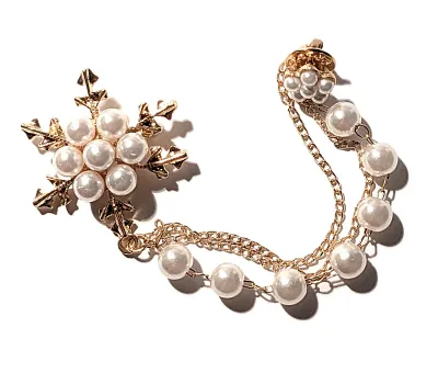**NEW ARRIVAL** White Faux PEARLS SNOWFLAKE CHAIN BROOCH (1½" Diam.) with Chain (3¾") and Button 6 Tiny Pearls on a Gold Tone...