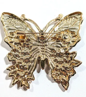 **NEW ARRIVAL** Ceramic RED & WHITE BUTTERFLY BROOCH (2¼" x 2") with Green Wings and Red and Pink Flowers, Clear Stones...
