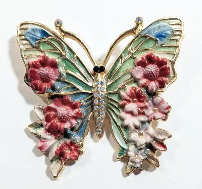 **NEW ARRIVAL** Ceramic RED & WHITE BUTTERFLY BROOCH (2¼" x 2") with Green Wings and Red and Pink Flowers, Clear Stones...