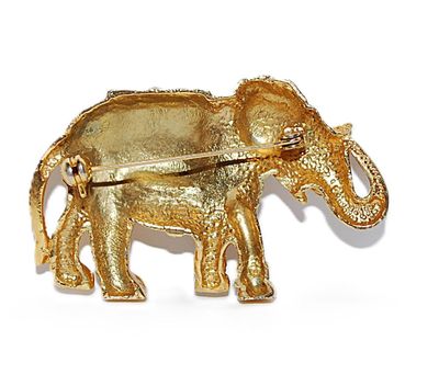 Vintage Gold Colored Jeweled ELEPHANT BROOCH (2½" x 1½") with Gold, Black & Ground Amber Colored Stones on a Gold Tone Setting