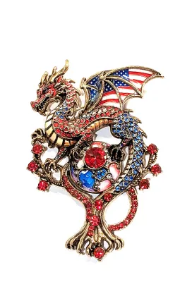 **NEW ARRIVAL** Large Red, White & Blue Enameled USA FLYING DRAGON BROOCH (3" x 2") with Red Stones and Enamel Inserts on a...