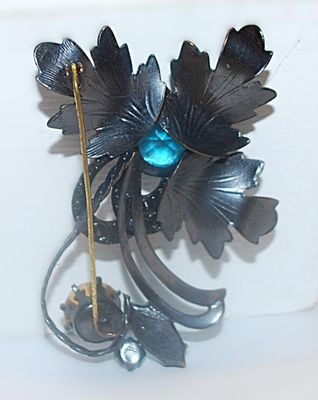 Beautiful Vintage-Style Rust & Black BEJEWELED BROOCH (2¾" x 2") with Large Blue and Clear Stone Accents on a Dark Setting