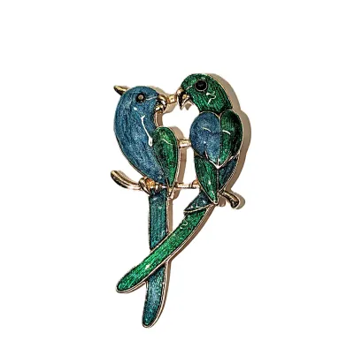Pair of Enameled Blue & Green PARROTS BROOCH (2" x 1") with Gold Tone Feet and Branch Setting
