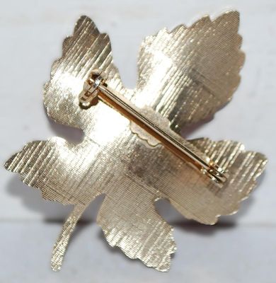 Cranberry RED Oak Leaf Enameled BROOCH (2" x1½") on a Brushed Gold Tone Setting