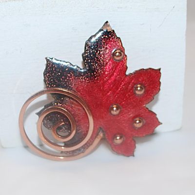 Beautiful Red & Black Enameled LEAF BROOCH (2¼" x 2¼") with Brass Colored Swirl and Half-Globe Accents on a Brass Tone Setting