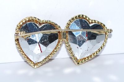 Double Connected RED HEARTS BROOCH (2½" x 1⅛") with Glass Stones and Gold Ribbon Outline on a Gold Tone Setting