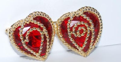 Double Connected RED HEARTS BROOCH (2½" x 1⅛") with Glass Stones and Gold Ribbon Outline on a Gold Tone Setting