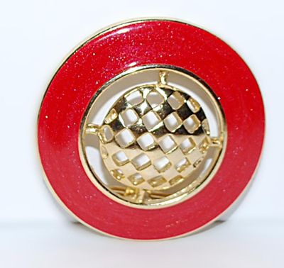 Bright RED CIRCLE BROOCH (1¾" Diam.) with Gold Colored Center "GRILL" and Gold Tone Setting