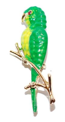 Red-Eyed GREEN PARROT BROOCH (2" x ¾") on a Gold Tone Branch and Setting