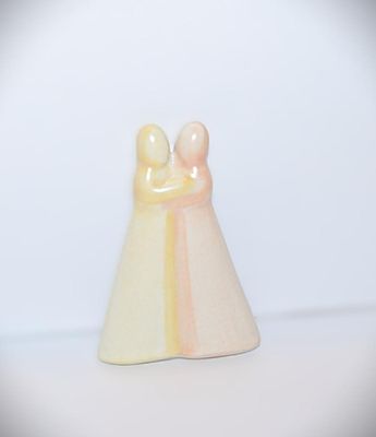 Double Pink & Yellow "Hugging Children" BROOCH (1¾" x 1¼") with Silver Tone Pin