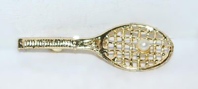 "Tennis Racket & Pearl" BROOCH (2" x ¾") on a Gold Tone Setting