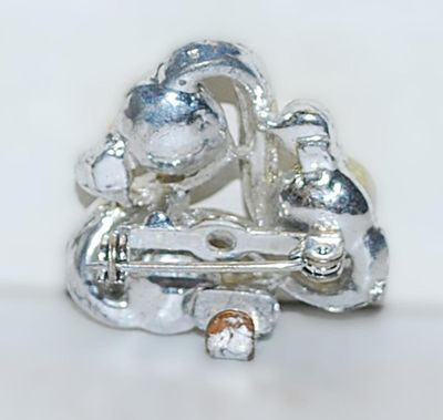 VINTAGE 3 Faux PEARL BROOCH (1" Diam.) with Swirled Rows of Clear Accent Stones on a Silver Tone Setting