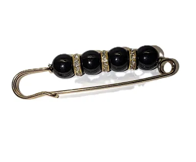 Moveable & Rotating Black Globes and Jeweled Rings "PIN-Style" BROOCH (3" Long) with Round Clear Stones on Gold Tone...
