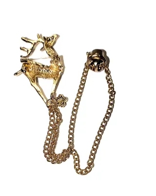 Bejeweled "Black-Eyed DEER" BROOCH (6" x 1½") with Large Round Beveled CLEAR Stone + Gold Tone CHAIN + Setting