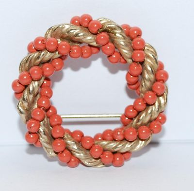 Intertwined ORANGE & GOLD Colored WREATH BROOCH (1¼" Diam.) with a Bead and Rope Style Motif