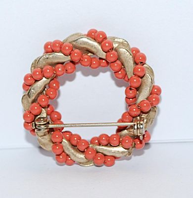 Intertwined ORANGE & GOLD Colored WREATH BROOCH (1¼" Diam.) with a Bead and Rope Style Motif