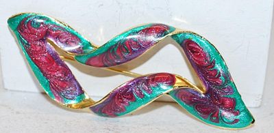 Glittery Enamel SWIRL BROOCH (3" x 1") in REDS & GREENS on a Gold Tone Setting