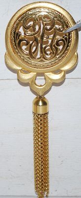 Graphic Designed Brushed Gold Colored Circle BROOCH (3¾" x 1½") with Dangle Chains on a Gold Tone Setting
