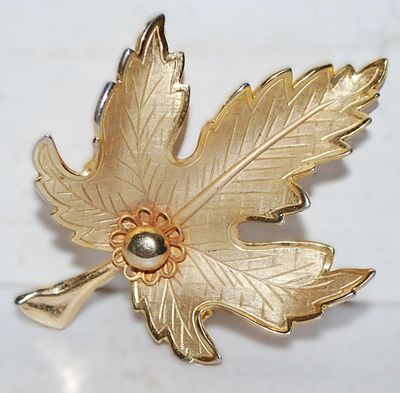 Gold Colored OAK LEAF BROOCH (2¼" x 1¾") with Silver Half Globe Accent on a Metal Gold Tone Setting