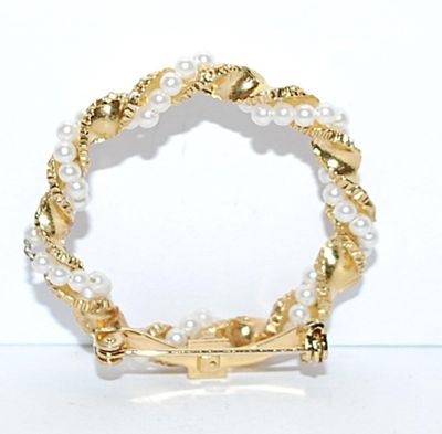 PINK Enameled Swirled Circle BROOCH (1½" Diam.) with Intertwined Faux Pearls & Gold Colored Ribbon
