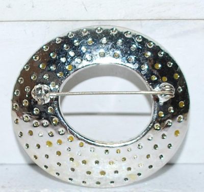 Oblong Oval "Bowl Style" BROOCH (2" x 1¾") Bejeweled with Iridescent Stone Accents on a Silver Tone Setting