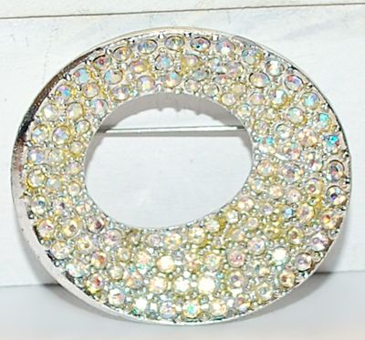 Oblong Oval "Bowl Style" BROOCH (2" x 1¾") Bejeweled with Iridescent Stone Accents on a Silver Tone Setting