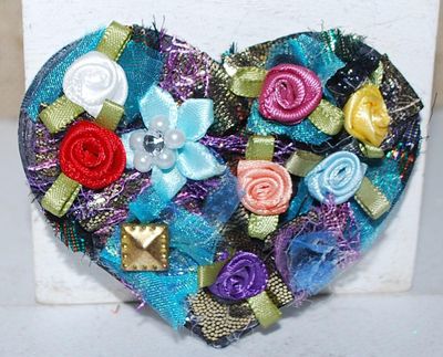 Handcrafted Cloth Flowers & Roses on a Heart Shape BROOCH (3" x 2")