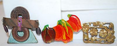 Collection of 3 Assorted BROOCHES - Tin Pumpkin, Rectangle Metal Garden Bouquet & Metal Graphic Design Piece