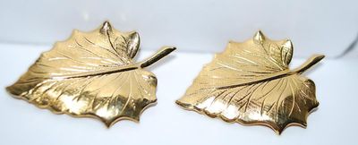 Identical PAIR of Gold Colored LEAF BROOCHES (2" x 1½") with Gold Tone Settings