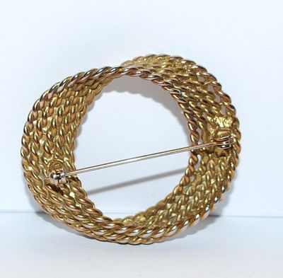 Vintage Curved and Rolled Gold Colored ROPE STYLE BROOCH (2" Diam.) with 5 "Strands" & Gold Tone Setting