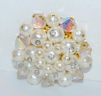 Faux Pearl BROOCH (1¾" Diam.) with Clear Stone "Tips" and Iridescent Prism Beads with Dark Gold Tone Setting