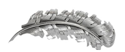 "Fluffy" Metal PALM FROND BROOCH (3¾" x 1") with Swirled & Curved Silver Colored Stem and Leaves
