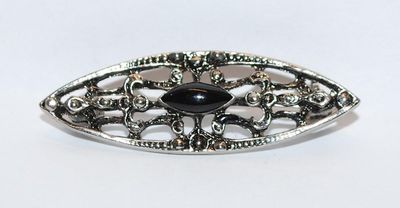 Small Elliptical Shaped Silver Color BROOCH (1½" x ½") with Same-Shape BLACK "Cabochon" Stone on a Silver Tone Setting