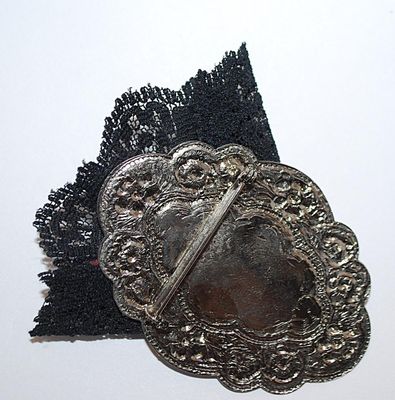 Unique Large Silver Colored VASE-STYLE BROOCH (3" x 3") with BLACK LACE Fabric on an Oval Shaped Silver Tone Setting