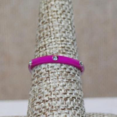 Size 6 Delicate FUCHSIA Enamel Ring with 6 Spaced Accent Stones on a Silver Tone Band (2.1g) - STACK ALL COLORS for a REAL IMPACT