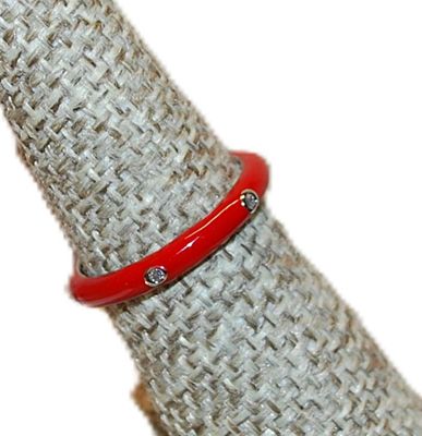 Size 9 Delicate RED Enamel Ring with 6 Accent Clear Stones on a Silver Tone Band (2.4g) - STACK ALL COLORS for a REAL IMPACT