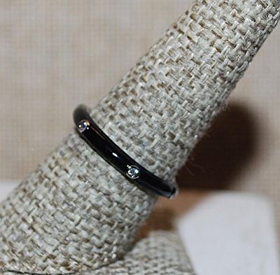 Size 7 Delicate black Enamel Ring with 6 Accent Clear Stones on a Silver Tone Band (2.2g) - STACK ALL COLORS for a REAL IMPACT