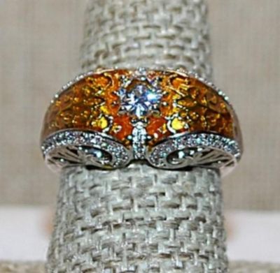 Size 6 Marked .925 "Puffy" AMBER Party Ring with a Single Main Clear Round Stone on a Silver Band (6.2g)