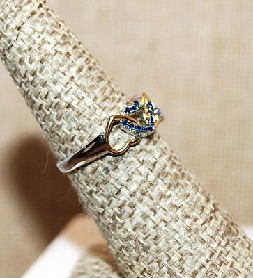 Size 6 ¼ Marked .925 Interlocking 2-Tone HEARTS Rings in BLUE Stones on a Silver Band (2.4g)