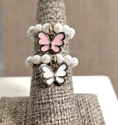 Size 3-4 Double Child's STRETCH Faux "Pearls & Butterflies" RINGS with Enameled Pink and White Butterflies