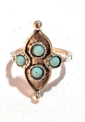 **NEW ARRIVAL** Size 5 BLUE TURQUOISE STYLE RING with 4 Quad Round Smooth Stones on a "Rough-Hewn" Silver Tone Band (1.7g)