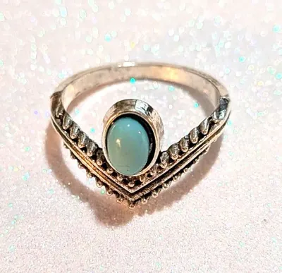 **NEW ARRIVAL** Size 6 BLUE "Cupped" TURQUOISE STYLE RING with "V" Setting on a "Rough-Hewn" Silver Tone...