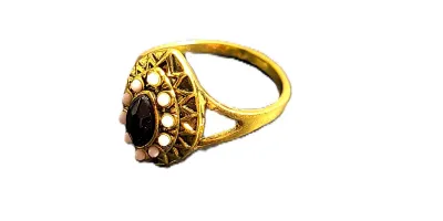 **NEW ARRIVAL** Size 10¾ WHITE "GLOBE BEADS" RING on an Oval Gold Colored Setting and Black Marquise-Cut CENTER Stone on a Gold...