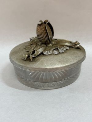 Vintage Rodney Kent Art Nouveau Metal & Cut Glass Powder Jar with Floral Finial