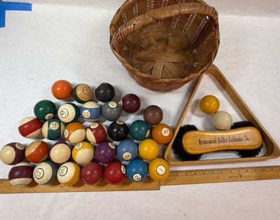 Vintage Brunswick Pool Table Billiards Accessories, Balls, Pockets & Ephemera