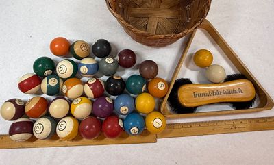 Vintage Brunswick Pool Table Billiards Accessories, Balls, Pockets & Ephemera
