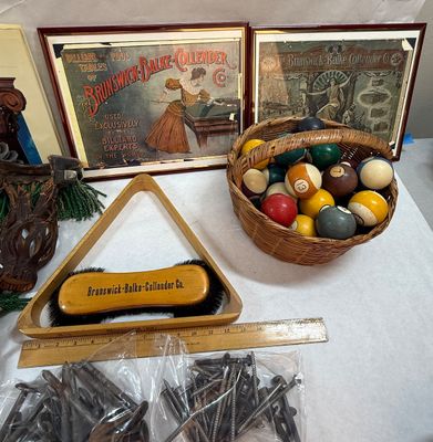 Vintage Brunswick Pool Table Billiards Accessories, Balls, Pockets & Ephemera