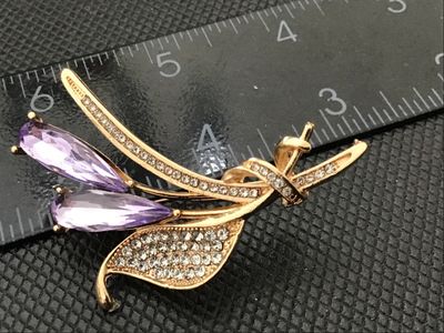 Gold-Tone Floral Brooch with Amethyst-Colored Tear Drop Rhinestones